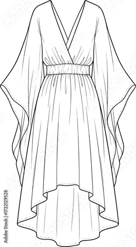 Vector fashion illustration of women’s maxi kaftan dress, V-neck gown with wide sleeves, elastic waist, flowy layered hem, stylish apparel template