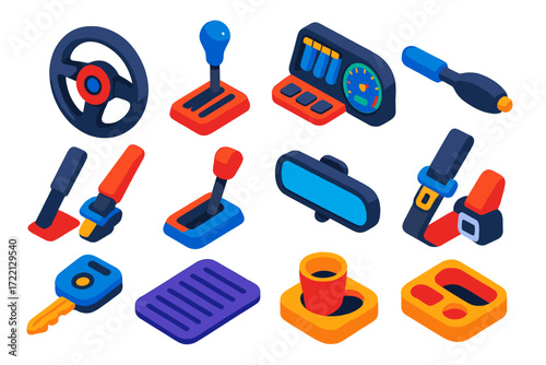 Vehicle Interface Icons. Isometric vector illustration set Vehicle Driving Icons: steering wheel, gearshift, pedal, dashboard,