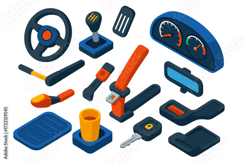Bright Car Tools Icons. Isometric vector illustration set Car Driving Tools Set: steering wheel, gearshift, pedal, dashboard,
