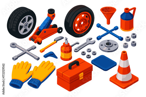 Automotive Repair Icons. Isometric vector illustration set Automotive Repair Set: tire, jack, spare, wrench, lug nuts, wheel hub,