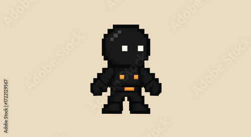 Pixel Art Character with a Black Suit on a Light Brown Background