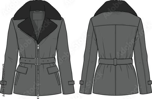 Vector illustration of belted winter coat, stylish women’s outerwear with faux fur collar, zipper closure, long sleeves, fashion clothing design template for modern apparel