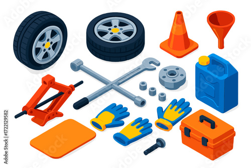 Car Repair Essentials. Isometric vector illustration set Car Repair Essentials: tire, jack, spare, wrench, lug nuts, wheel hub,