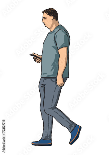 One casual towns man with smartphone walking outdoors, profile, sketch, vector hand drawing
