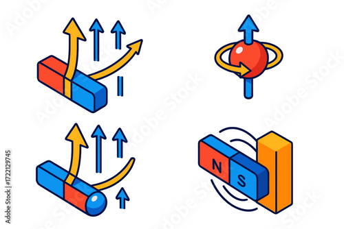 Magnetism and Motion Diagrams. Isometric vector illustration set Physics of Magnetism: Lorentz force vector, charged particle