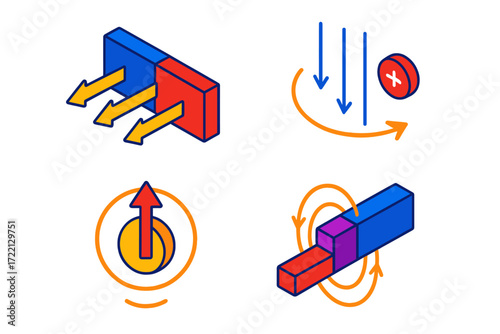 Magnetism and Motion Diagrams. Isometric vector illustration set Physics of Magnetism: Lorentz force vector, charged particle