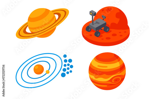 Solar System Icons. Isometric vector illustration set Solar System Exploration: Saturn with rings, Mars with rover, Jupiter with