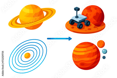 Solar System Icons. Isometric vector illustration set Solar System Exploration: Saturn with rings, Mars with rover, Jupiter with
