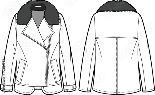 Vector illustration of stylish shearling jacket, winter outerwear with faux fur collar, front zipper, long sleeves, casual fashion clothing template for modern design