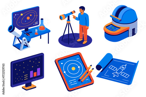 Space Research Isometric Icons. Isometric vector illustration set Scientific Space Research: lab with telescope data, astronomer