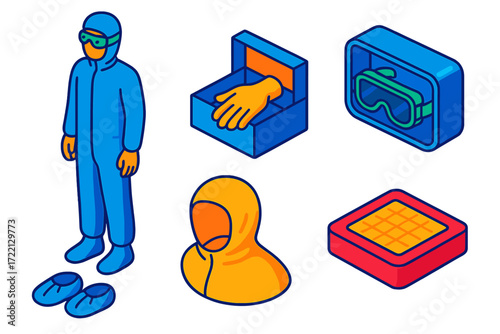Cleanroom Safety Gear. Isometric vector illustration set Cleanroom Safety Outfit: full-body coat zipped, latex gloves box open,