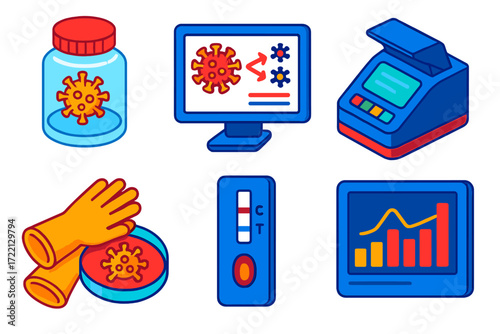 Pandemic Research Tools. Isometric vector illustration set Pandemic Research Equipment: sealed culture container, virus mutation