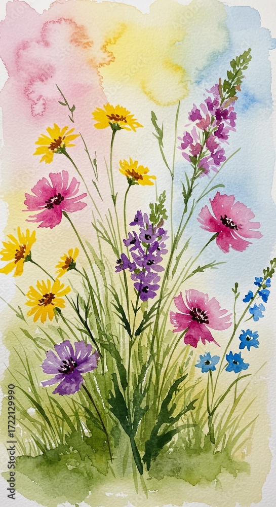 Obraz premium Vibrant Bouquet: A watercolor painting depicts a cheerful bouquet of wildflowers, each petal and stem brought to life with the ethereal qualities of watercolor.