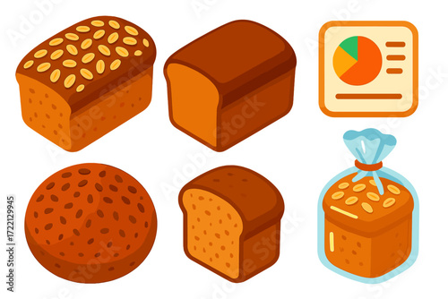 Whole Grain Breads. Isometric vector illustration set Whole Grain Bread Focus: multigrain loaf with oats, brown crusted pan bread,