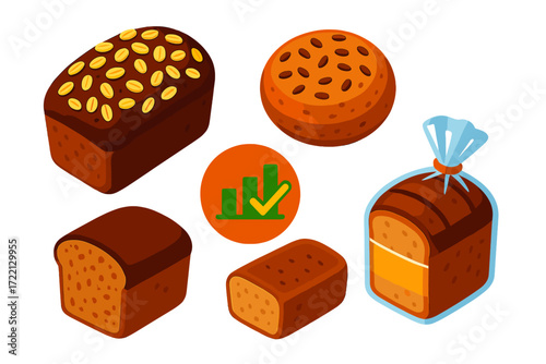 Whole Grain Breads. Isometric vector illustration set Whole Grain Bread Focus: multigrain loaf with oats, brown crusted pan bread,
