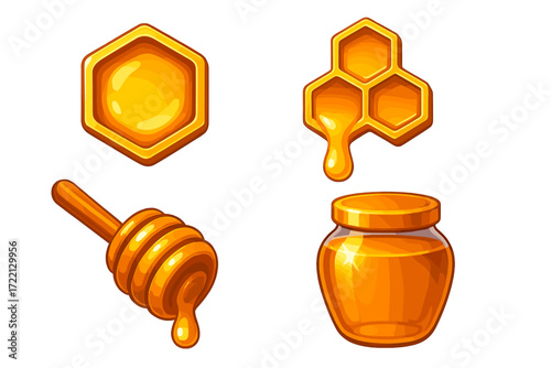 Honeycomb Close-Up. Isometric vector illustration set Honeycomb Close-up Scene: macro view of filled comb cell, drop of honey