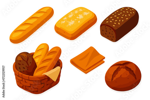 Artisan Bread Icons. Isometric vector illustration set Artisan Bread Selection: baguette with crisp crust, ciabatta with flour