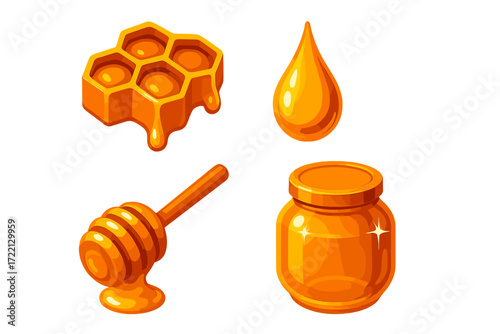 Honeycomb Close-Up. Isometric vector illustration set Honeycomb Close-up Scene: macro view of filled comb cell, drop of honey