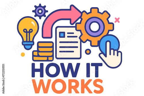 Infographic illustrating how it works using gears and lightbulb how it works