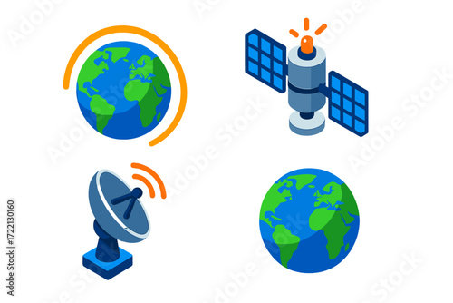 Satellite Orbiting Earth. Isometric vector illustration set Satellite Orbit Illustration: satellite circling Earth, orbital path