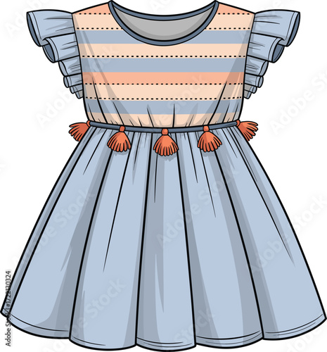 Cute striped girl dress vector illustration, fashion design with ruffle sleeves, tassel waist details, stylish children’s clothing template, summer outfit flat sketch