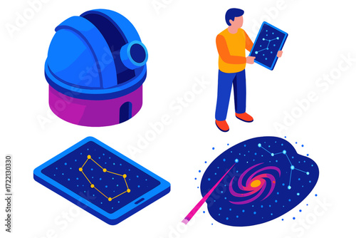 Cosmic Observation Icons. Isometric vector illustration set Observing the Cosmos: large telescope dome open, person with chart in