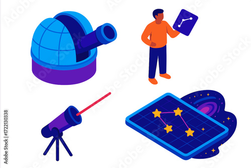 Cosmic Observation Icons. Isometric vector illustration set Observing the Cosmos: large telescope dome open, person with chart in