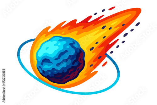 Icy Comet Trajectory. Isometric vector illustration set Icy Comet Structure: rough-textured nucleus core, sublimating ice layer,