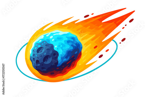 Icy Comet Trajectory. Isometric vector illustration set Icy Comet Structure: rough-textured nucleus core, sublimating ice layer,