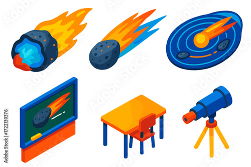 Colorful Comet Illustration. Isometric vector illustration set Educational Comet Kit: labeled parts of comet, icy nucleus cutaway,