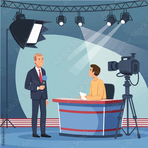 TV Journalist Interviewing Guest in News Studio Illustration