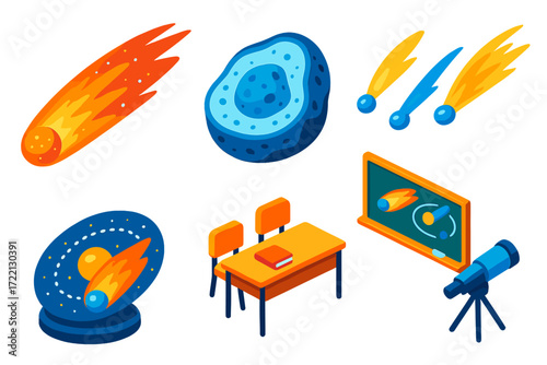 Colorful Comet Illustration. Isometric vector illustration set Educational Comet Kit: labeled parts of comet, icy nucleus cutaway,