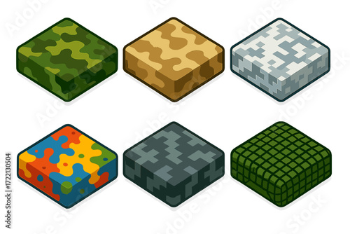 Camouflage Pattern Display. Isometric vector illustration set Camouflage Variants Display: forest green camo pattern, desert tan