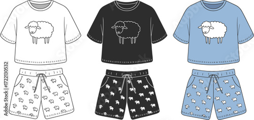 Cute sheep pajama set vector illustration, kids sleepwear design, cartoon animal printed shorts and t-shirt, cozy nightwear clothing template, fashion flat sketch