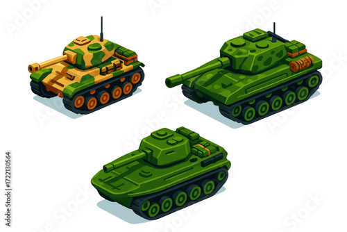 Colorful Tank Variants. Isometric vector illustration set Tank Variants Collection: light reconnaissance tank, heavy battle tank,