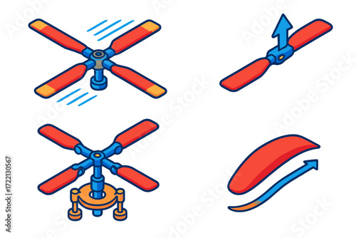Rotor Blade Mechanics. Isometric vector illustration set Rotor Blade Mechanics: four-blade rotor hub, blade pitch control,