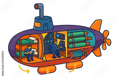 Submarine Parts Diagram. Isometric vector illustration set Submarine Parts Diagram: cross-section showing crew quarters, torpedo