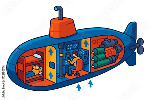 Submarine Parts Diagram. Isometric vector illustration set Submarine Parts Diagram: cross-section showing crew quarters, torpedo