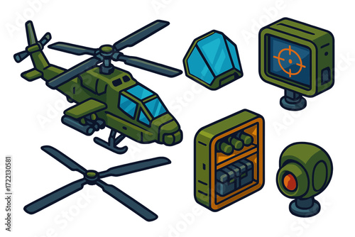 Tactical Helicopter Gear. Isometric vector illustration set Tactical Helicopter Gear: armored cockpit glass, reinforced rotor