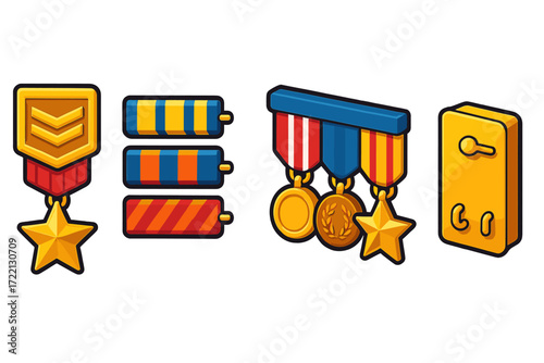 Military Honors Display. Isometric vector illustration set Military Honors Set: rank bar with attached medal, striped ribbon