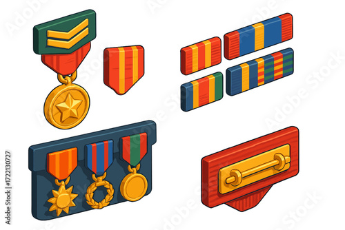 Military Honors Display. Isometric vector illustration set Military Honors Set: rank bar with attached medal, striped ribbon