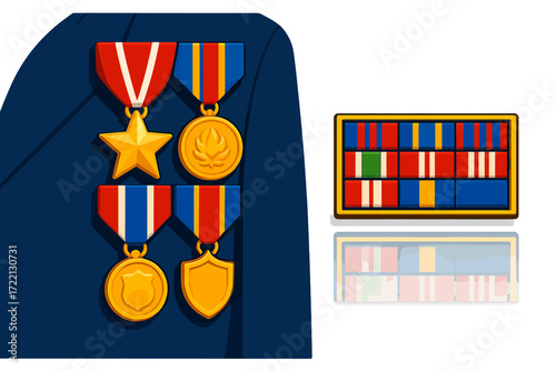 Parade-Ready Medal Display. Isometric vector illustration set Parade-Ready Medals Display: multiple medals worn on formal uniform,