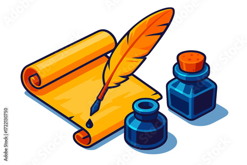 Scroll and Quill Icons. Isometric vector illustration set Scroll and Calligraphy Set: open parchment scroll with curled ends,