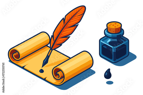 Scroll and Quill Icons. Isometric vector illustration set Scroll and Calligraphy Set: open parchment scroll with curled ends,