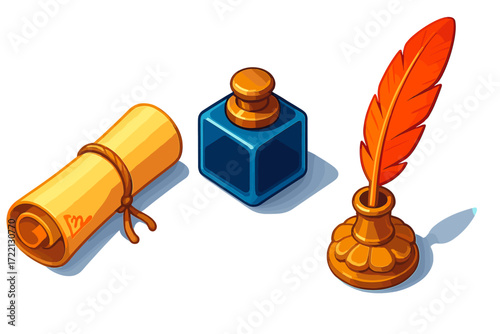 Antique Letter Kit. Isometric vector illustration set Antique Letter Kit: parchment rolled with twine, inkpot with metal cap,