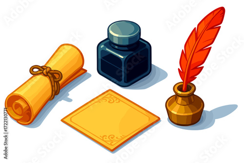 Antique Letter Kit. Isometric vector illustration set Antique Letter Kit: parchment rolled with twine, inkpot with metal cap,