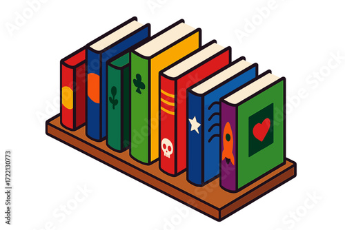 Minimalist Book Display. Isometric vector illustration set Minimalist Book Display: shelf with evenly spaced books, abstract cover