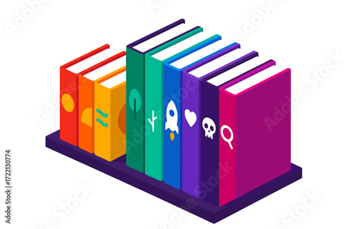 Minimalist Book Display. Isometric vector illustration set Minimalist Book Display: shelf with evenly spaced books, abstract cover