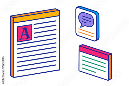 Vibrant Editorial Elements. Isometric vector illustration set Editorial Section Elements: article column with drop cap letter,
