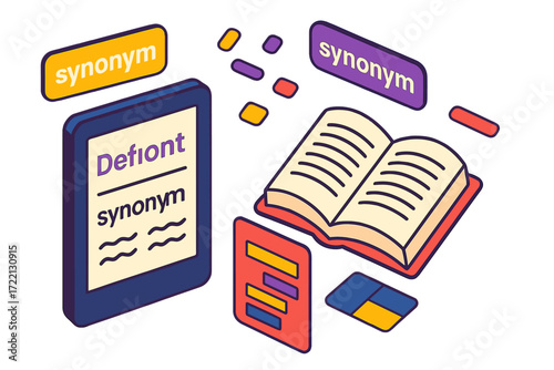 Digital vs Print Tools. Isometric vector illustration set Digital vs Print Language Tools: e-reader showing definition next to
